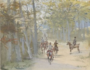 Boslandschap met ruiters door Jules baron Finot