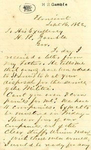 Brief ondertekend door Julian Bates, Florissant, aan Zijne Excellentie H.R. Gamble, 16 september 1862 door Julian Bates