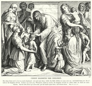 Christus Zegent de Kinderen (gravure) door Julius (after) Schnorr von Carolsfeld