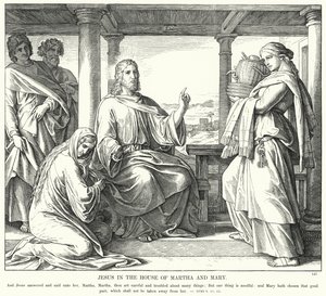 Jezus in het Huis van Martha en Maria (gravure) door Julius (after) Schnorr von Carolsfeld