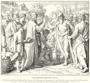 Melchizedek Zegent Abram (gravure) door Julius (after) Schnorr von Carolsfeld