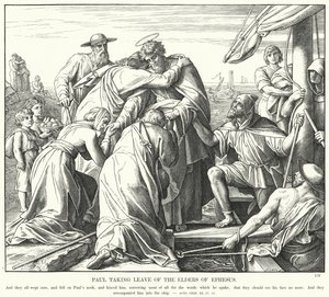Paulus neemt afscheid van de oudsten van Efeze (gravure) door Julius (after) Schnorr von Carolsfeld