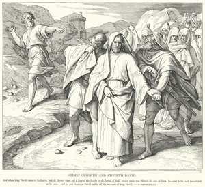 Shimei vervloekt en stenigt David door Julius (after) Schnorr von Carolsfeld