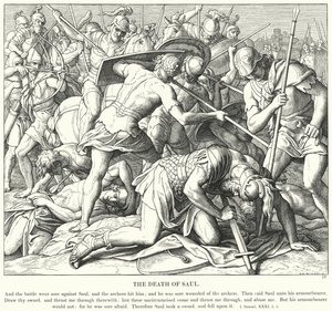 De Dood van Saul (gravure) door Julius (after) Schnorr von Carolsfeld
