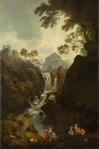 Een waterval met baders door Julius Caesar Ibbetson