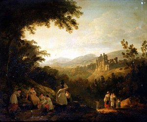 Een Bebost Landschap met Wasvrouwen bij een Fontein
