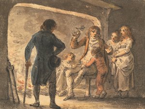 Het vuur in de haard, de vader vertelt zijn kinderen de geschiedenis door Julius Caesar Ibbetson