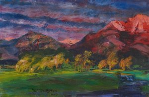 Voorgebergte landschap in avondrood