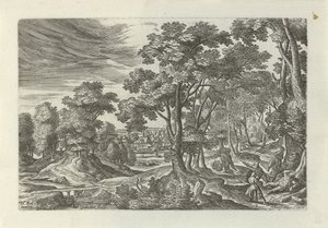 Landschap met overval op de reiziger door Julius Goltzius