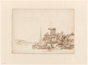 Stadje met windmolen aan een vaart door Julius Jacobus van de Sande Bakhuyzen