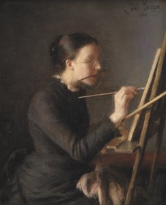 De schilder Agnes Paulsen, de zus van de kunstenaar, bij haar ezel