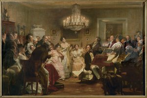 Schubert aan de piano tijdens een Schubertavond in een Weense salon ... (olieverfschilderij) door Julius Schmid