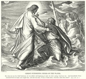 Christus ondersteunt Petrus op het water door Julius Schnorr von Carolsfeld