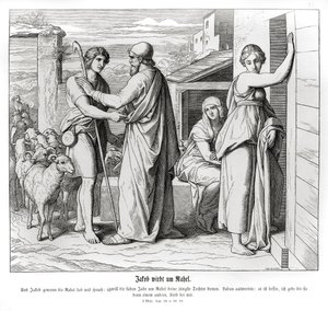 Jacob vraagt Laban om Rachel als zijn vrouw, Genesis door Julius Schnorr von Carolsfeld