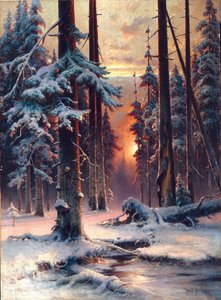 Winterzonsondergang in het sparrenbos. Schilderij van Julius von Klever, olie op doek door Julius Sergius Klever