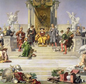 Patronage van de kunsten door het Huis Habsburg: centraal gedeelte van een plafondschildering, 1891