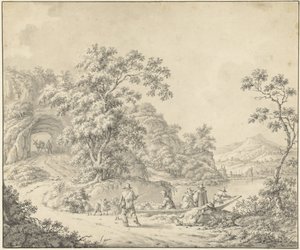 Landschap met een schuitje waarin een schapenherder met zijn kudde door Jurriaan Andriessen (attributed to)