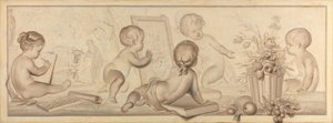 Zes putti met bloemen en fruit en attributen van de tekenkunst