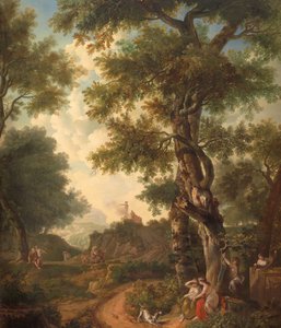Arcadisch landschap met reizigers