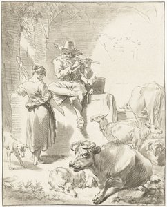 Fluitspelende herder en spinnende herderin
