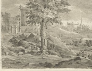 Landschap met herder en schapen door Jurriaan Cootwijck