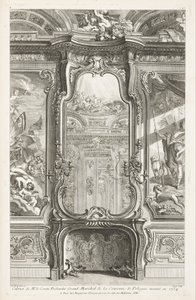 Cabinet of Count Bielenski Grootmaarschalk van de Kroon van Polen uitgevoerd in 1734; Chimneypiece met spiegel, met een deel van de ondersteunende lambrisering en schilderijen aan elke kant, 1e Plaat door Juste Aurèle Meissonnier