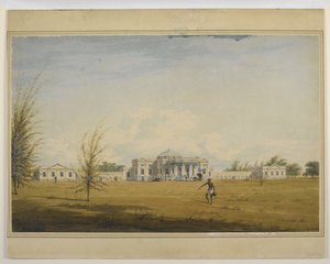 Een Europees huis in Madras, een palankijn en koets bij de deur, een waterdrager op de voorgrond door Justinian Gantz