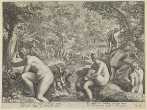 Badende vrouwen en mannen Amore Letheo Verschillende aspecten van de liefde door Justus Sadeler (attributed to)