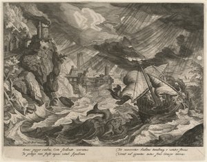 Jona in de Stormachtige Zee Geworpen door Justus Sadeler after Paul Bril