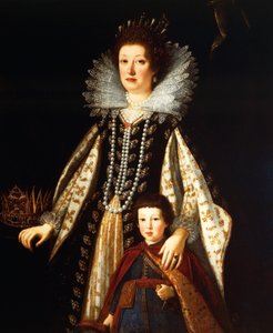 Portret van Aartshertogin Maria Maddalena van Oostenrijk met haar zoon Ferdinand II door Justus Sustermans