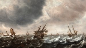 Schepen in woelige zee met een walvis op de voorgrond door Justus de Verwer