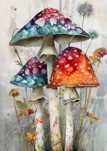 Speelse paddenstoelen in aquarel door Justyna Jaszke