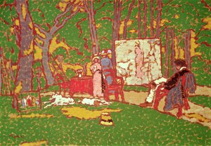 Schilderij Lazarine en Anella in het park. Het is heet