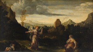 Italiaans Landschap, op de voorgrond Hagar, Ismael en een Engel