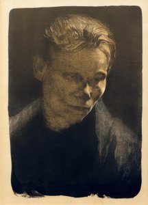Borstbeeld van een arbeidersvrouw met blauwe doek
