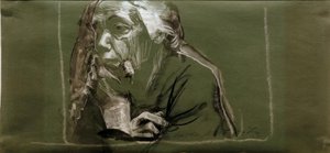 Zelfportret naar links met hand aan de kin door Käthe Kollwitz