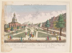 Gezicht op het stadhuis en de Nieuwe Hollandse Kerk te Batavia door Kaiserlich Franziskische Akademie