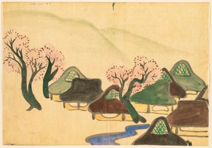 Bloemen van honderd werelden (Momoyogusa): Boerendorp in de lente (Harudenka) door Kamisaka Sekka