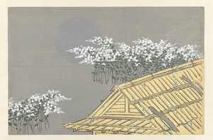 Witte bloemen bij huis door Kamisaka Sekka