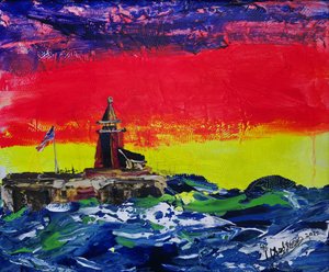 Levendige zonsondergang bij de vuurtoren door Kanat Ibragimov
