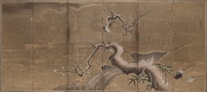 Winterscène met pruimenbomen en fazanten vogels links, begin 1600s door Kano Naonobu