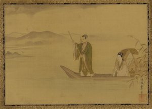 Chinese man en vrouw in een boot, Edo periode, midden 17e eeuw door Kano Yasunobu
