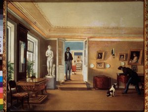 In de kamer (Een man speelt met een hond, terwijl een ander hen observeert).