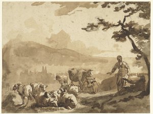 Berglandschap met herders bij hun kudde schapen en koeien door Karel Du Jardin
