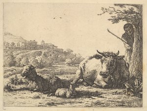 Koe, volwassen schaap en jong schaap liggend in het gras, verderop staat een herder gedeeltelijk, 1656 door Karel Du Jardin