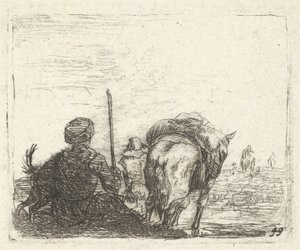 Pakpaard, zittende man met staf in rechterhand, en hond, allemaal van achteren gezien..., ca. 1641-78