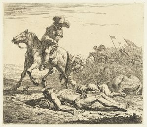 Slagveld met soldaat te paard en twee doden door Karel Du Jardin