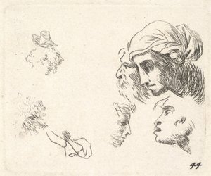 Studie van hoofden in profiel, een vrouw met hoofddoek en een bebaarde man wiens hoofden ..., ca. 1641-78