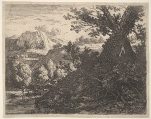 Boom met blootliggende wortels langs een stroom, een heuvelachtig landschap en een man die erachter loopt, 1659 door Karel Du Jardin