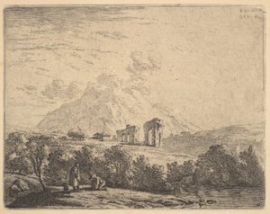 Uitzicht op heuvel met ruïnes, een aquaduct en bergtop daarachter, op de voorgrond een m..., 1658 door Karel Du Jardin